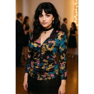 Whimsigoth Grunge‎ Dark Fairy Floral Sparkle S Top Blue Black Pink Gold Y2K Glam